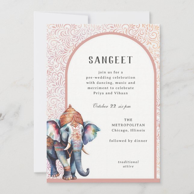 Watercolor Indian Wedding Elephant Sangeet Invitation (Front)