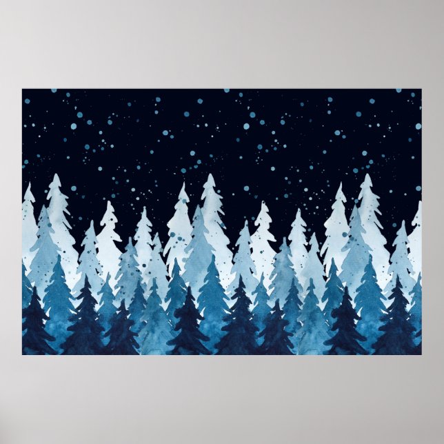 Watercolor indigo blue pine trees and snowfall in  poster (Front)