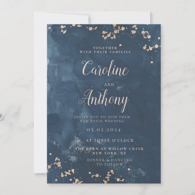 Watercolor Indigo Blue  Rose gold Wedding  Invitation (Front)