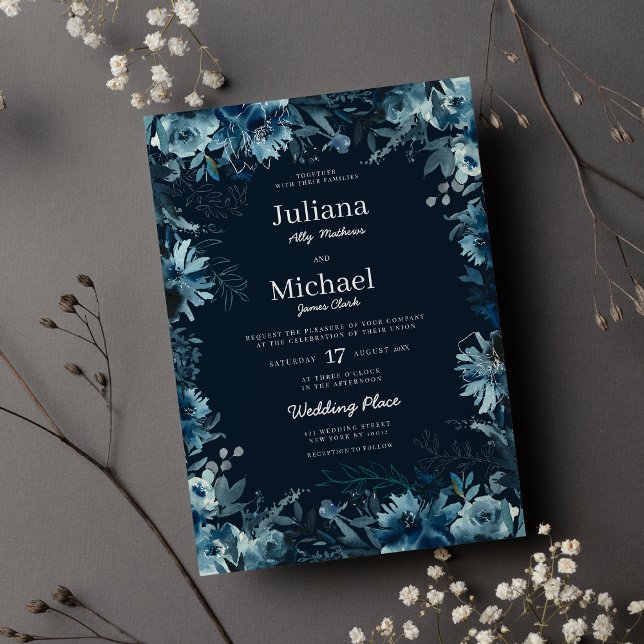 Watercolor indigo teal peony flowers Wedding  Invitation (Watercolor indigo teal peony flowers Wedding Invitation )