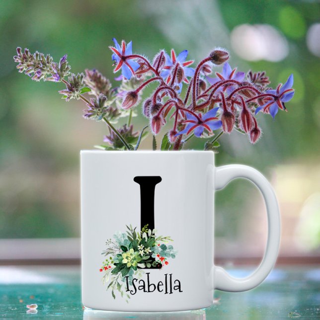 Watercolor initial eucalyptus red flower coffee mug (Creator Uploaded)
