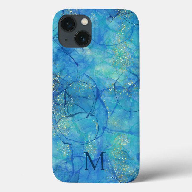 Watercolor Ink Blue & Gold + Monogram Case-Mate iPhone Case (Back)