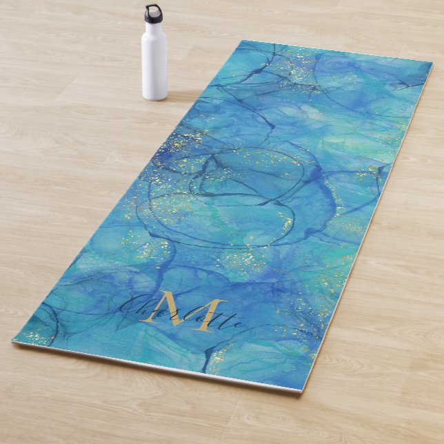 Watercolor Ink Blue & Gold  - Monogram + Name Yoga Mat (In Situ)