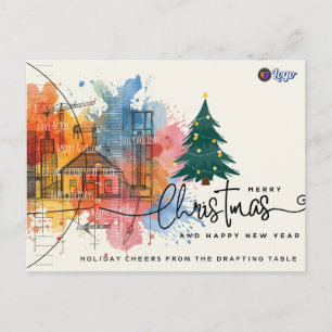 Watercolor Ink Blue Print Architecture Christmas Holiday Postcard