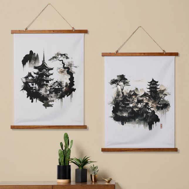 Watercolor Ink Japanese Village Asian  Hanging Tapestry (Asymmetrical)