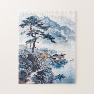 Watercolor ink of Chinese landscape on a lake Jigsaw Puzzle