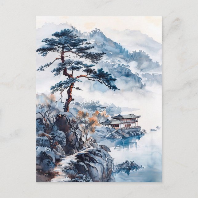 Watercolor ink of Chinese landscape on a lake Postcard (Front)