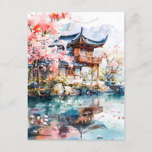 Watercolor ink of chinese template on lake. postcard