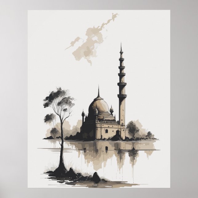 Watercolor Ink Painting of Mosque in Black & white Poster (Front)
