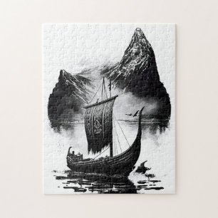 Watercolor ink pencil of Viking dragon ship. Sail Jigsaw Puzzle