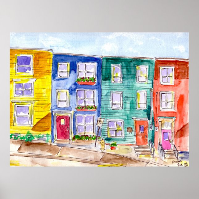 Watercolor & Ink Row Houses Illustration Colourful Poster (Front)