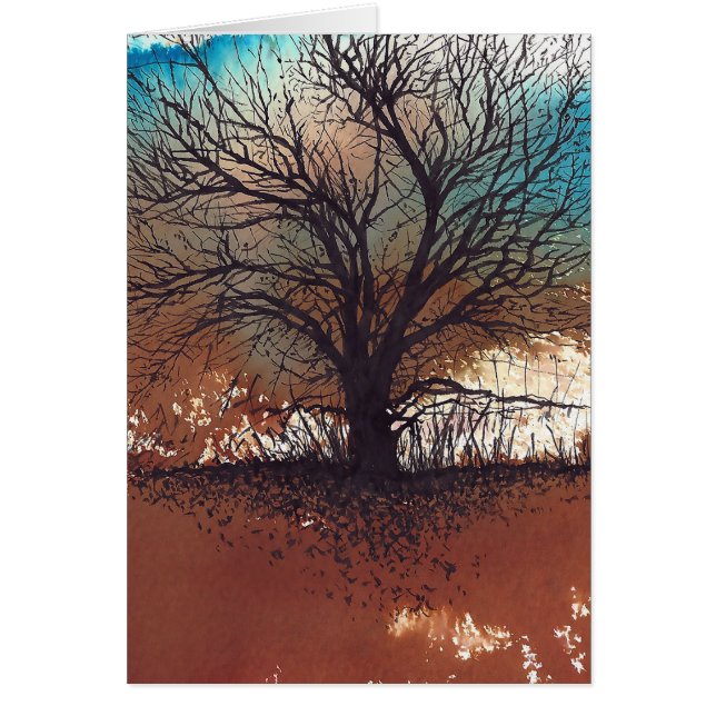 Watercolor Inked Tree Landscape Autumn Art (Front)