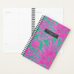 Watercolor Inspired Pink Aqua Damask Floral Planner<br><div class="desc">Hot pink watercolor floral damask inspired pattern.  Personalise name inside grey rectangle at front.</div>