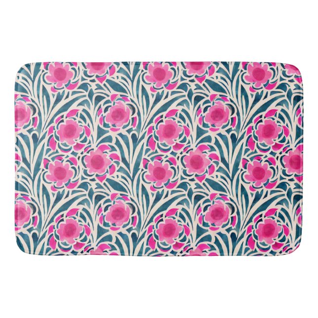 Watercolor Inspired Pink + Blue Botanical Floral Bath Mat (Front)