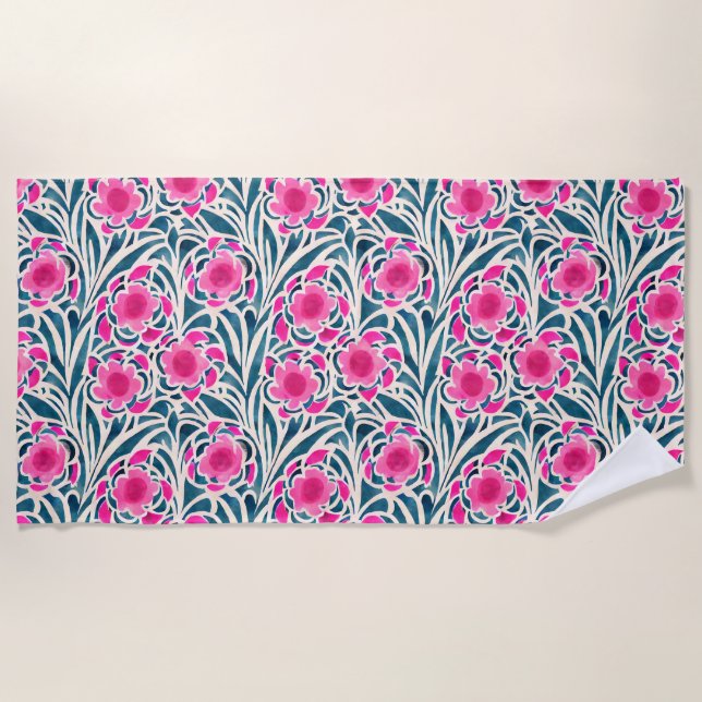 Watercolor Inspired Pink + Blue Botanical Floral Beach Towel (Front)