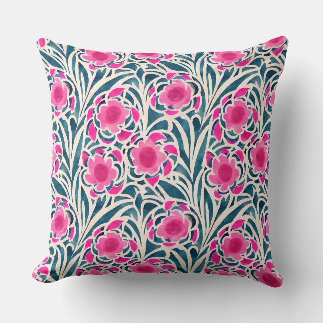 Watercolor Inspired Pink + Blue Botanical Floral Cushion (Front)
