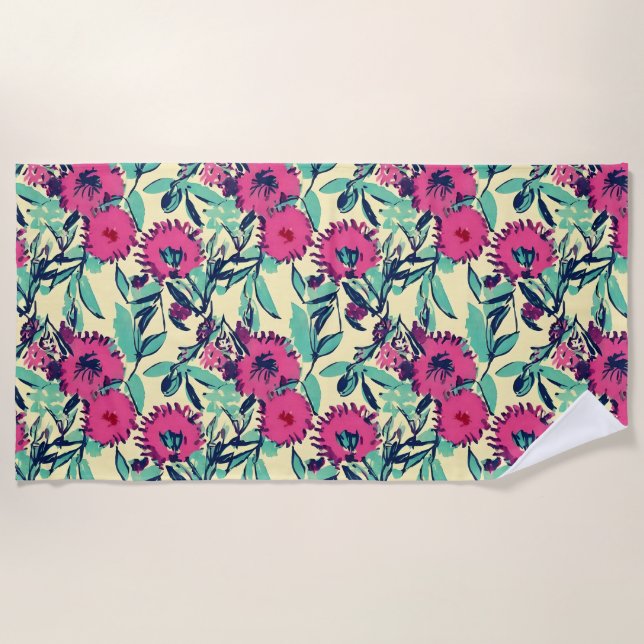 Watercolor Inspired Pink + Green Botanical Floral  Beach Towel (Front)