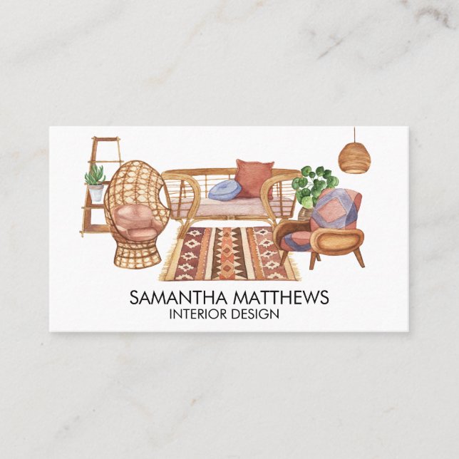 Watercolor Interior Design Business Boho Furniture Card (Front)