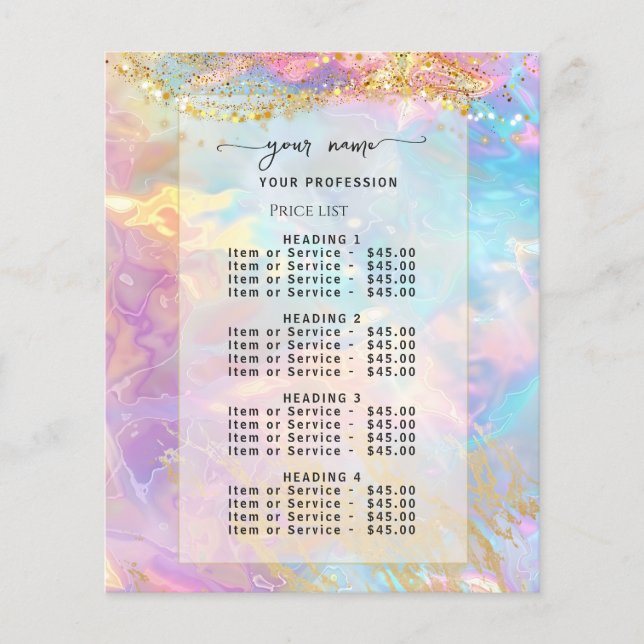 Watercolor Iridescent opal stone Price List Menu (Front)