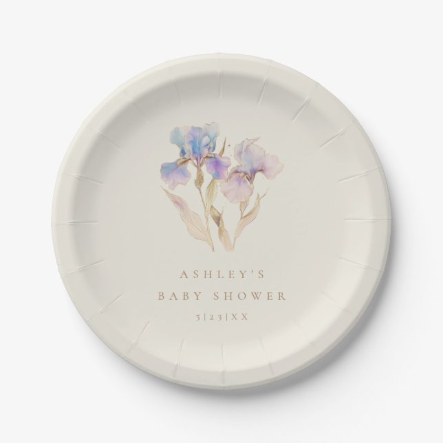 Watercolor Iris Baby Shower Paper Plate (Front)