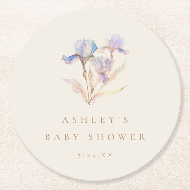 Watercolor Iris Baby Shower Round Paper Coaster (Front)