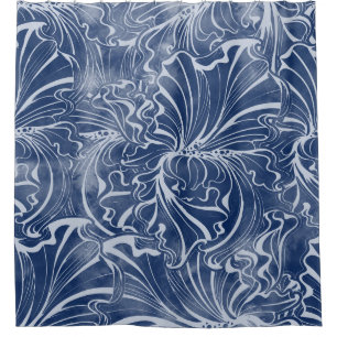 Watercolor Irises: Indigo Vintage Nouveau Shower Curtain