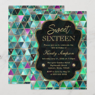 Watercolor Isometric Galaxy & Gold Frame Sweet 16 Invitation