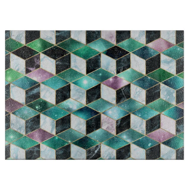 Watercolor Isometric with Gold and Marble Galaxy Cutting Board (Front)