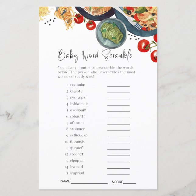 Watercolor Italian Baby Scramble Shower Game  (Front)