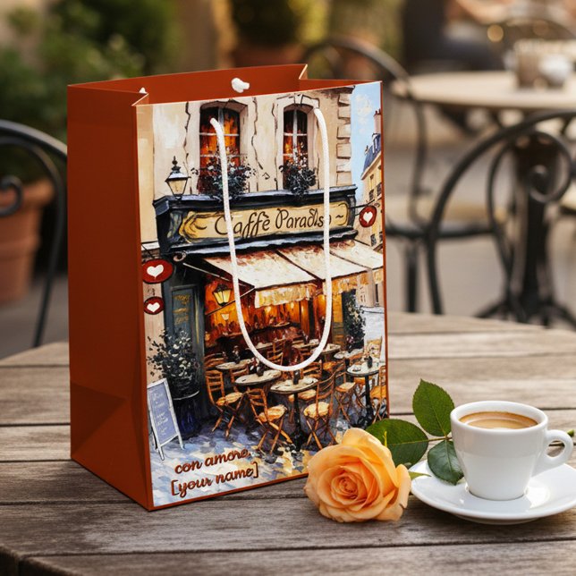 Watercolor Italian Coffee Shop Medium Gift Bag (Gift bag featuring a watercolor painting of an Italian café)