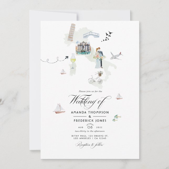 Watercolor Italian Destination Wedding Photo Invitation (Front)