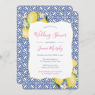 Watercolor Italian Lemons Blue Tile Wedding Shower Invitation