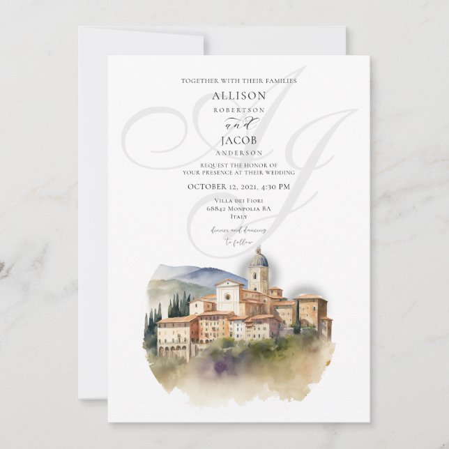 Watercolor Italian Monogram Destination Wedding Invitation (Front)