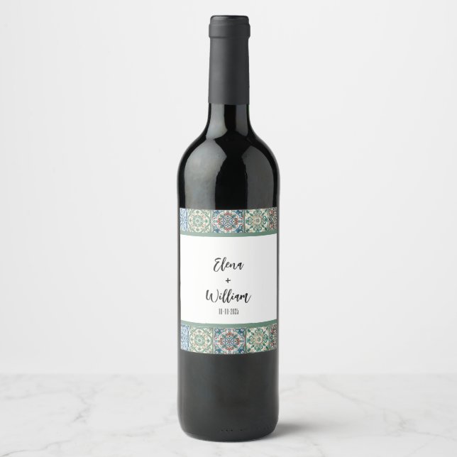 Watercolor Italian Tile Destination Wedding Wine Label (Front)