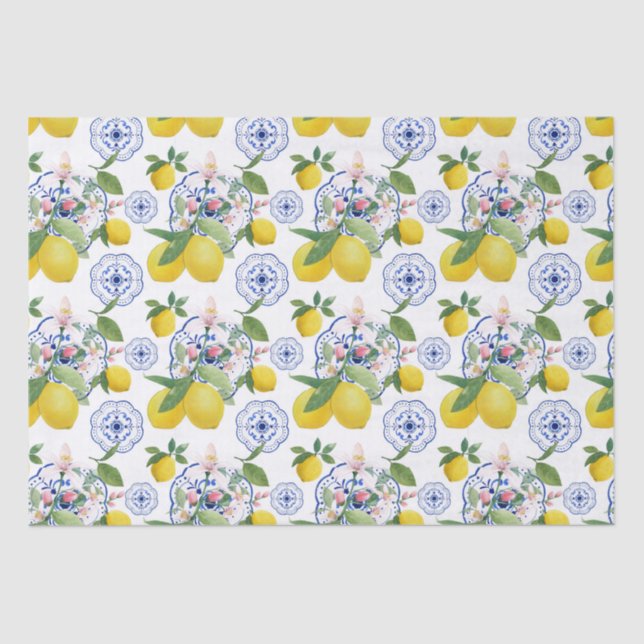   Watercolor Italian Tile Lemon Pattern Tissue Paper (Front)