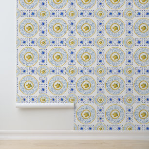 Watercolor Italian Tile Lemon Pattern Wallpaper