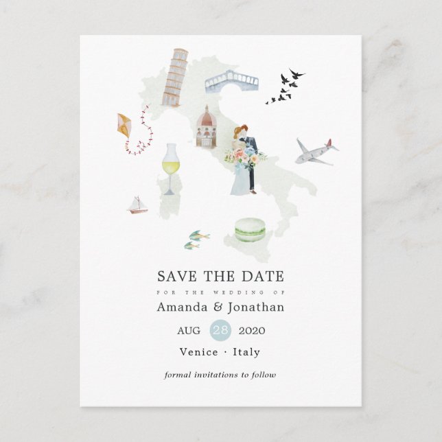 Watercolor Italy Destination Wedding Save the Date Announcement Postcard (Front)