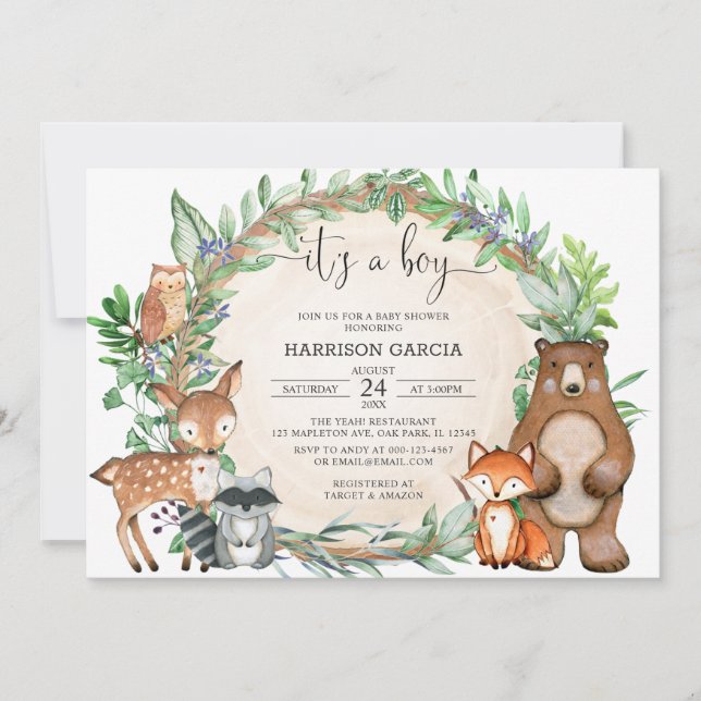 Watercolor It's A Boy Woodland Animals Baby Shower Invitation (Front)