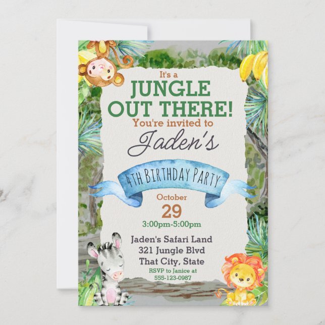 Watercolor It's a Jungle Animal Cute Birthday Invi Invitation (Front)