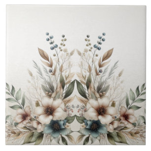 Watercolor Ivory Blue Flowers Ceramic Tile