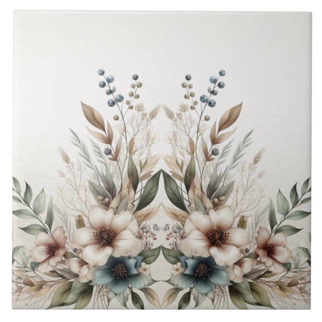 Watercolor Ivory Blue Flowers Ceramic Tile (Front)