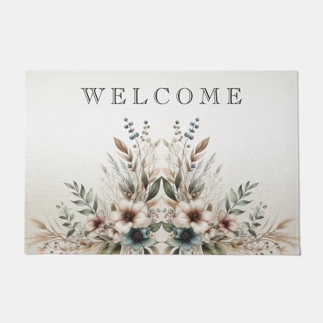 Watercolor Ivory Blue Flowers Doormat (Front)