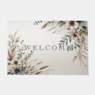 Watercolor Ivory Blue Flowers Doormat