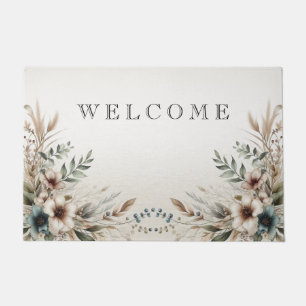 Watercolor Ivory Blue Flowers Doormat