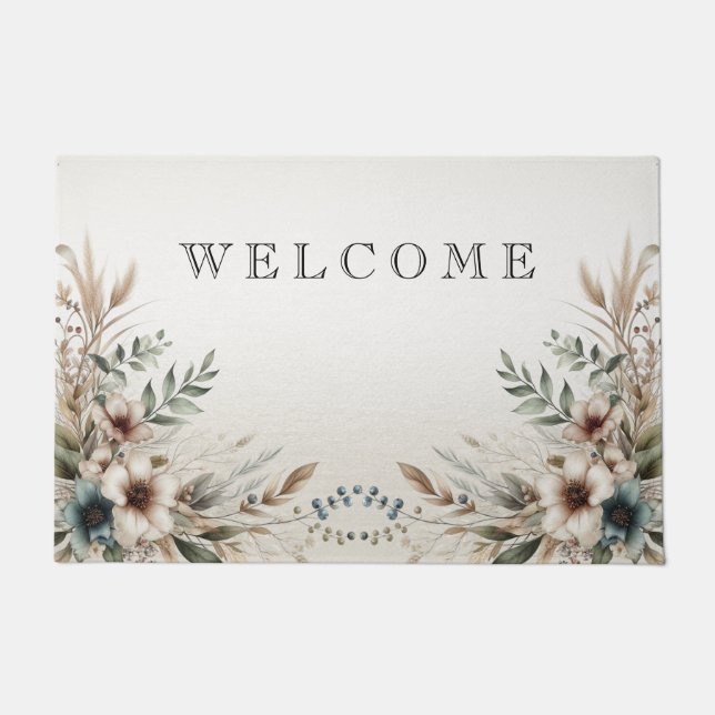 Watercolor Ivory Blue Flowers Doormat (Front)