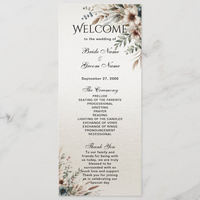 Watercolor Ivory Blue Flowers Wedding Program Programme (Front)