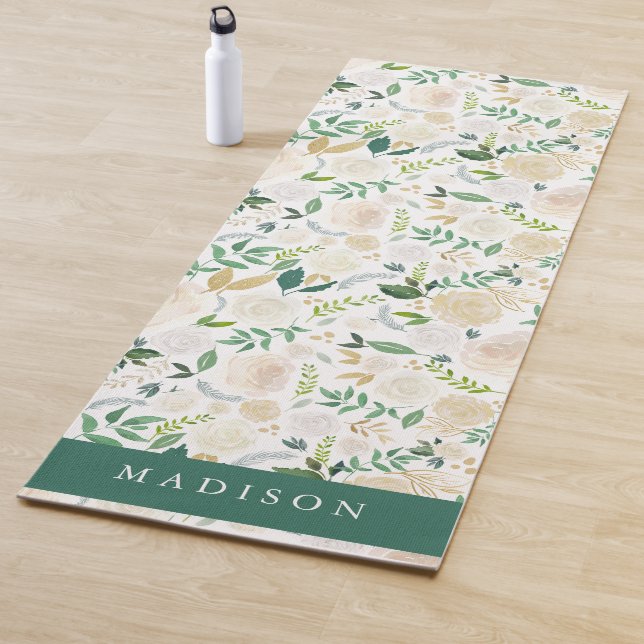 Watercolor Ivory Cream Floral & Greenery Yoga Mat (In Situ)