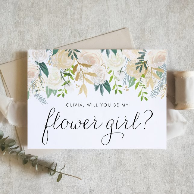 Watercolor Ivory Floral Gold Flower Girl Proposal Card (Floral flower girl proposal card with watercolor ivory flowers, greenery, and faux gold foil accent.)