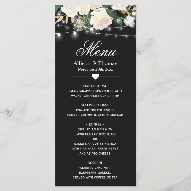 Watercolor Ivory Floral String Lights Wedding Menu (Front)