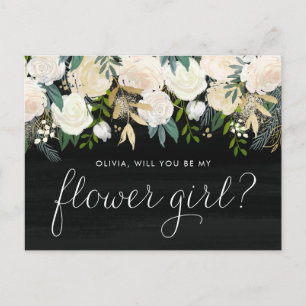Watercolor Ivory Flowers Rustic Be My Flower Girl Invitation Postcard